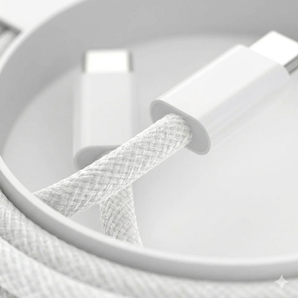 Close-up of USB-C connector tip and cable texture.
