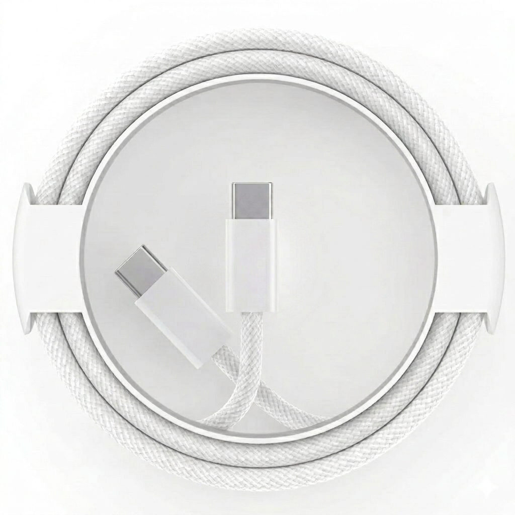 A white USB-C cable, with two connector ends exposed, is coiled neatly inside its white, circular cardboard spool and holder.