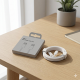 An angled close-up view shows a rectangular white product box, displaying illustrations of two USB-C connectors and the text "USB-C 60W Charge Cable (2m)". Beside the box, a coiled white braided USB-C cable is held together with white cardboard fasteners, all resting on a light wooden desk surface.