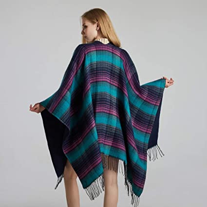 Winter Thick Oversized Poncho Wrap Plaid Stripped with Tassel for Women