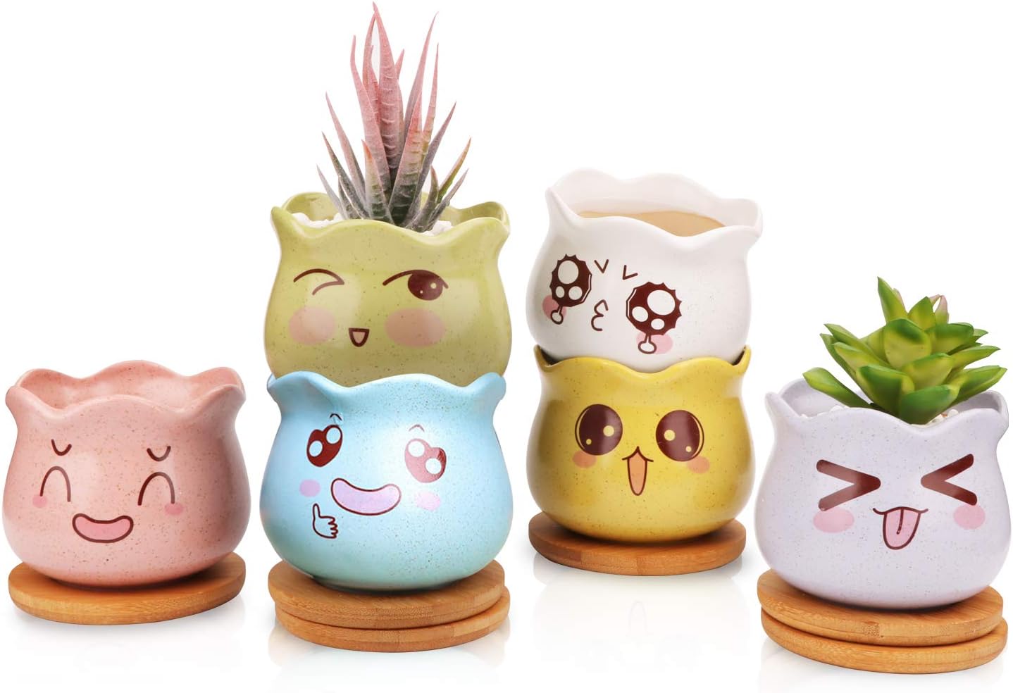 Flower Pots for Mini Plant Ceramic Flowing Glaze Base Serial Set with Drainage Holes-Set of 6(6 Colors)
