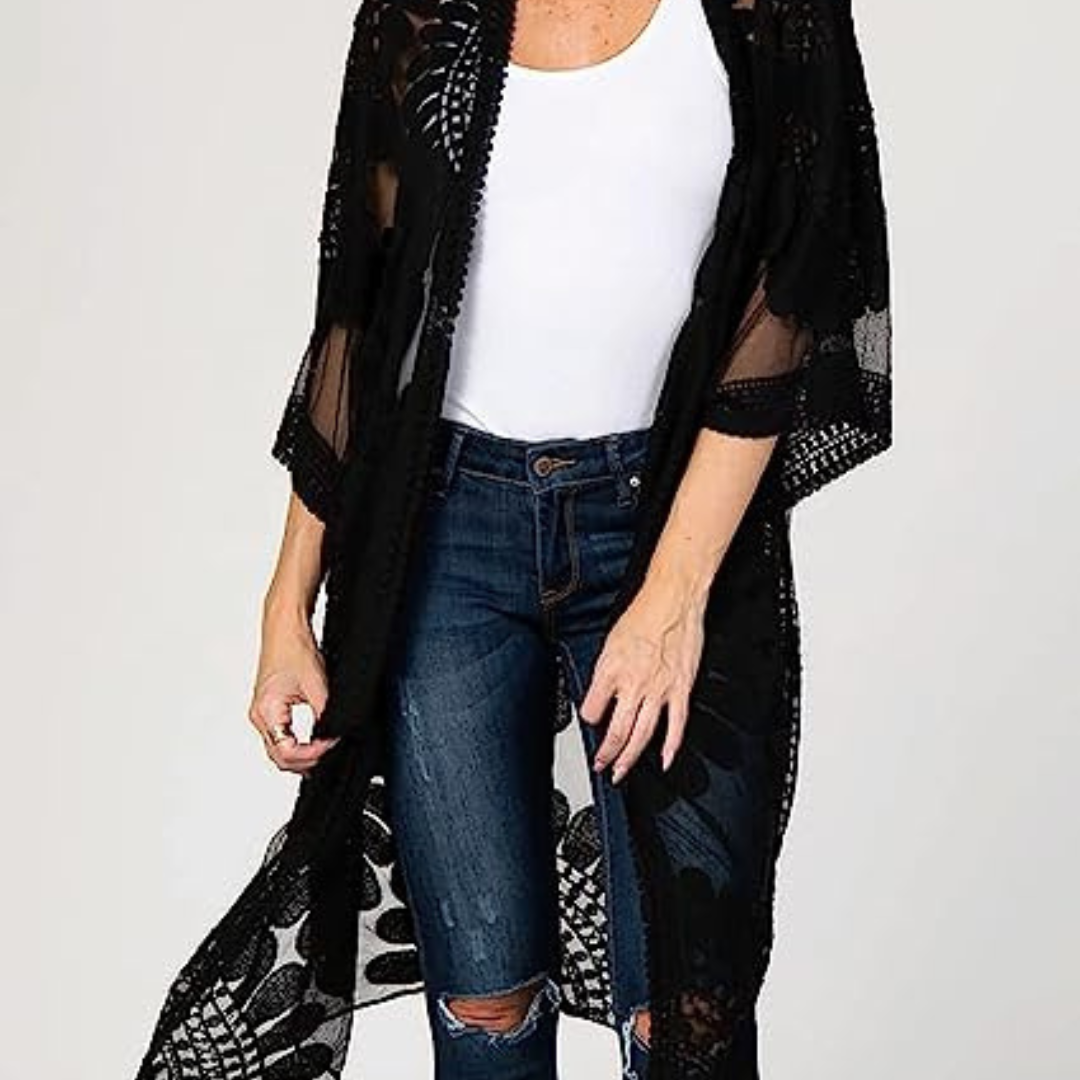 Women’s Lace Cardigan Half Sleeve  Black Floral Crochet Sheer Beach Cover Ups, One Size
