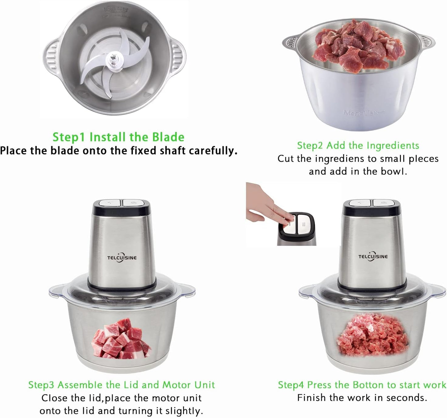 Electric Meat Grinder, 2L Stainless Steel Food Processors 400W Food Chopper