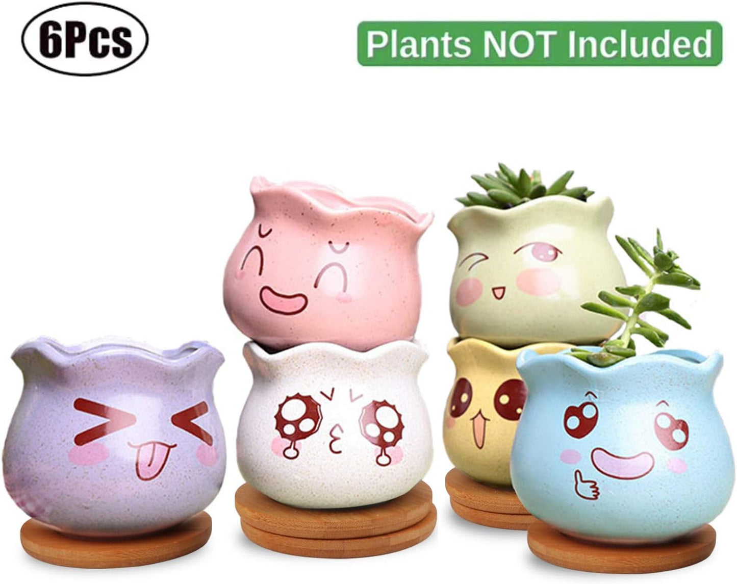 Flower Pots for Mini Plant Ceramic Flowing Glaze Base Serial Set with Drainage Holes-Set of 6(6 Colors)
