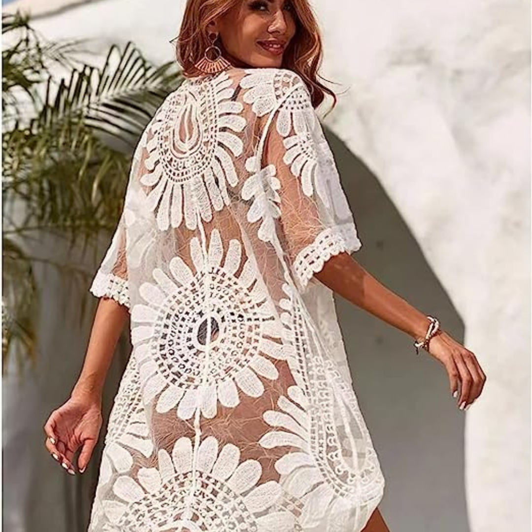 Swimsuit Cover Up Lace Floral Crochet Beachwear Long Kimono Cardigan