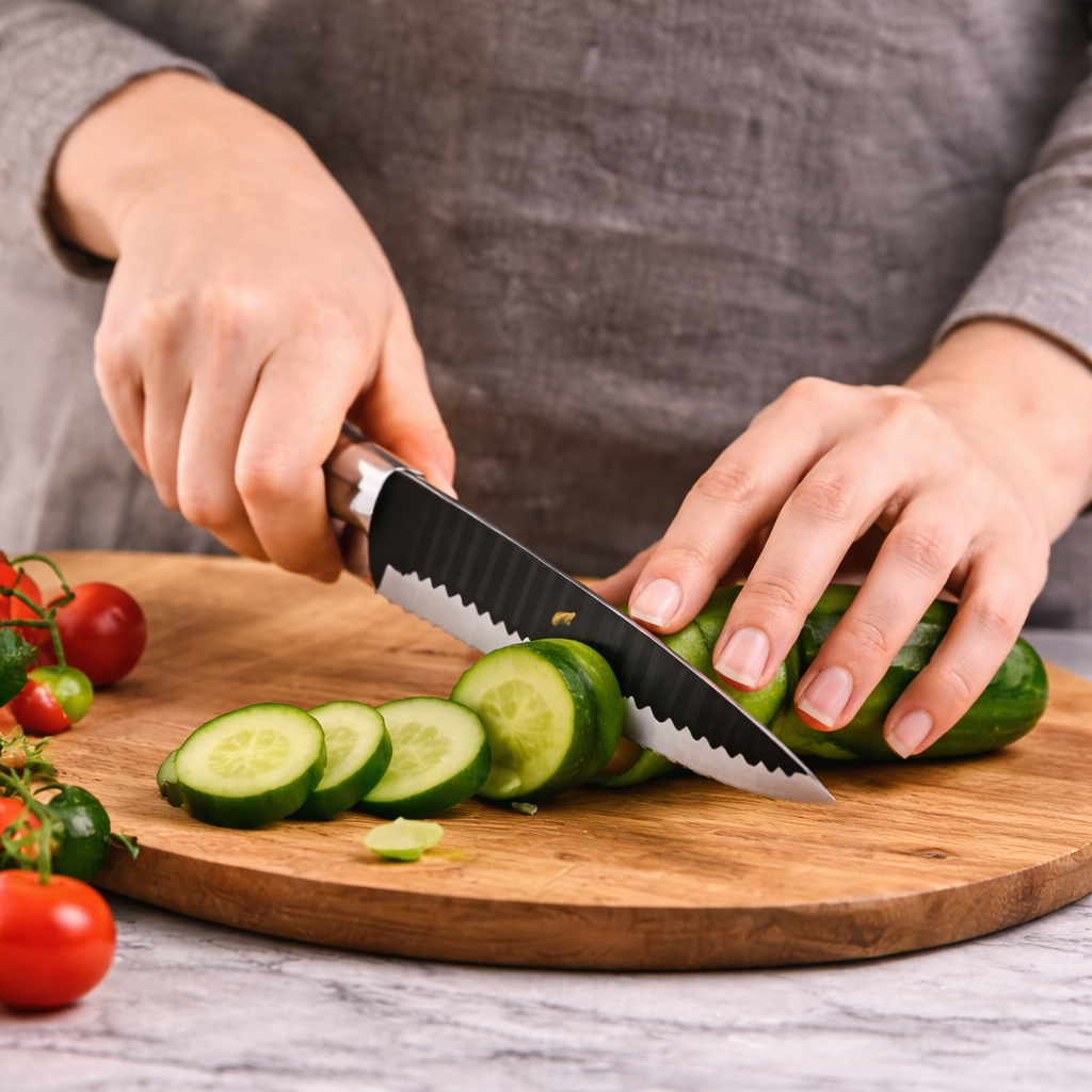Person slicing cucumbers on a wooden cutting board with tomatoes and a knife.