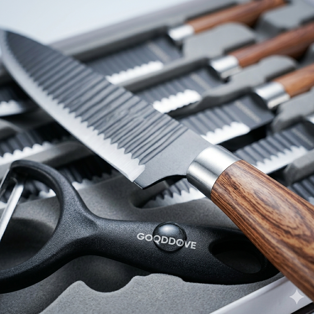 close-up of serrated stainless steel blade with textured grip wood handle