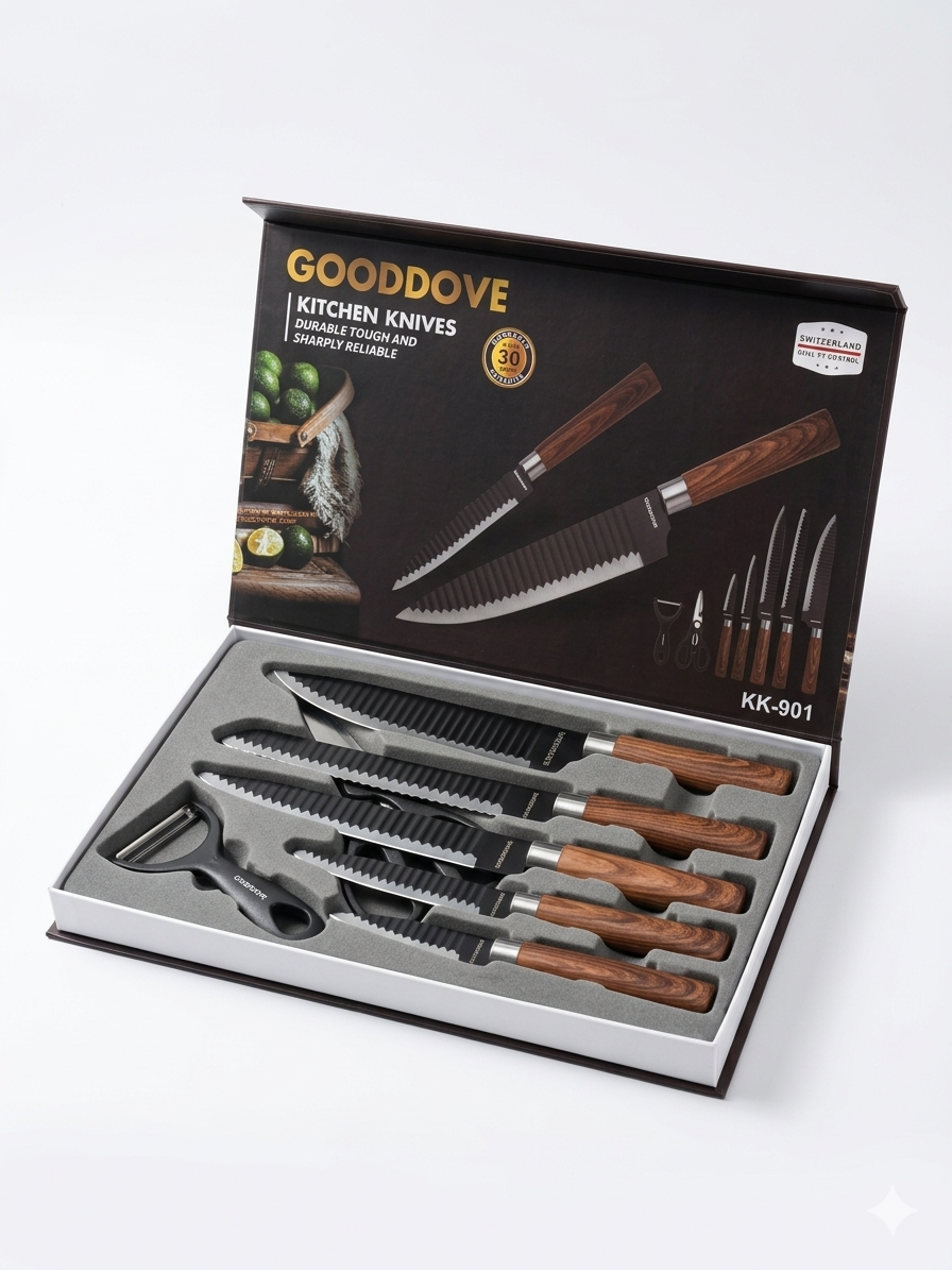 angled view of kitchen knife set showing multiple blade types and wood handles