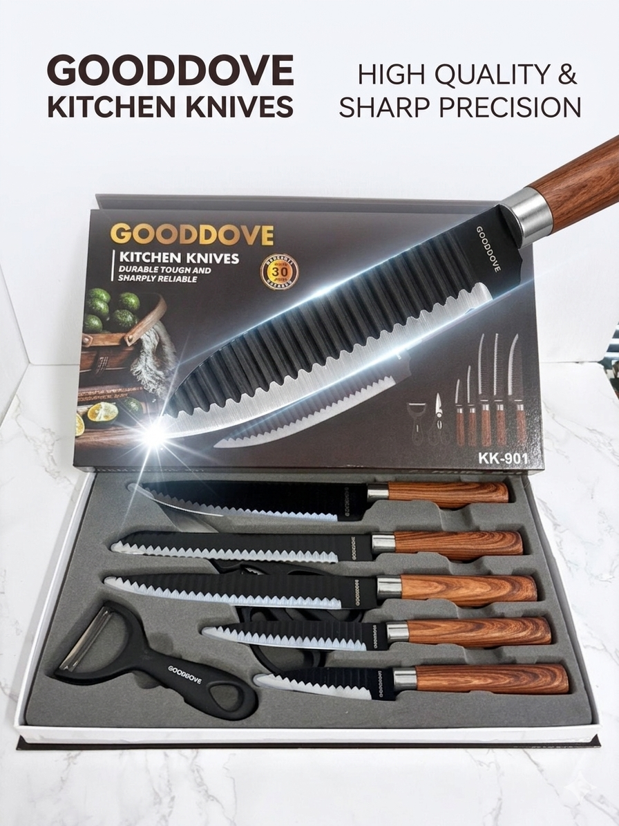 knife set packaging highlighting blade features and cutting performance details