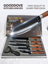 knife set packaging highlighting blade features and cutting performance details