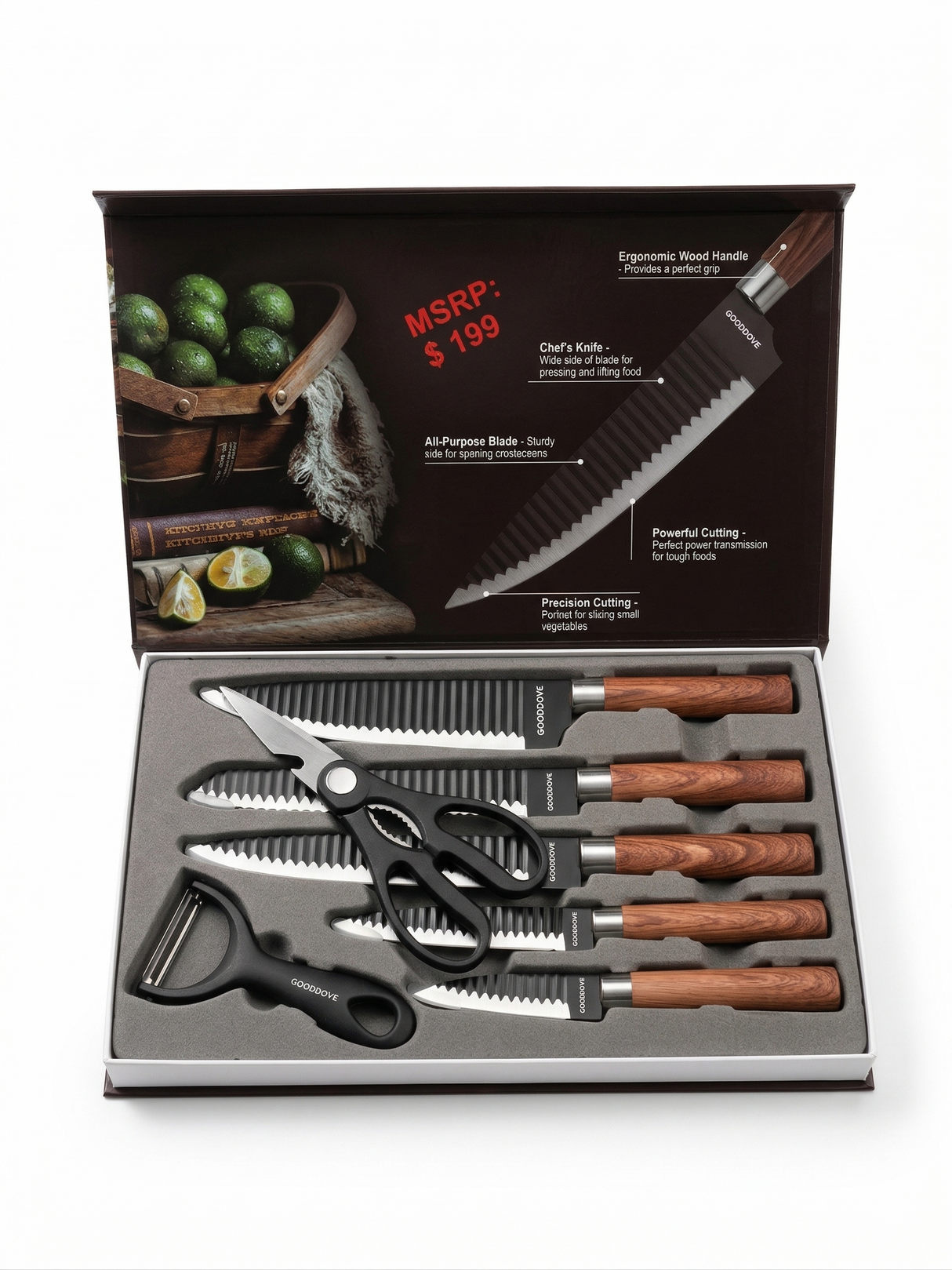7 piece kitchen knife set with stainless steel blades and wood handles in case