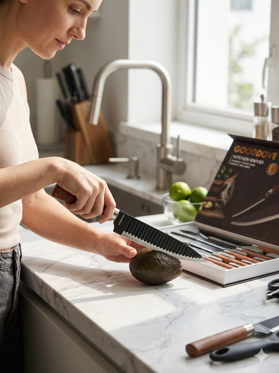 woman slicing avocado using serrated kitchen knife with ergonomic handle
