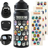 32oz Insulated Wide Mouth Stainless Steel Trekking The National Parks Water Bottle with 63 Waterproof Stickers & 3 Lids