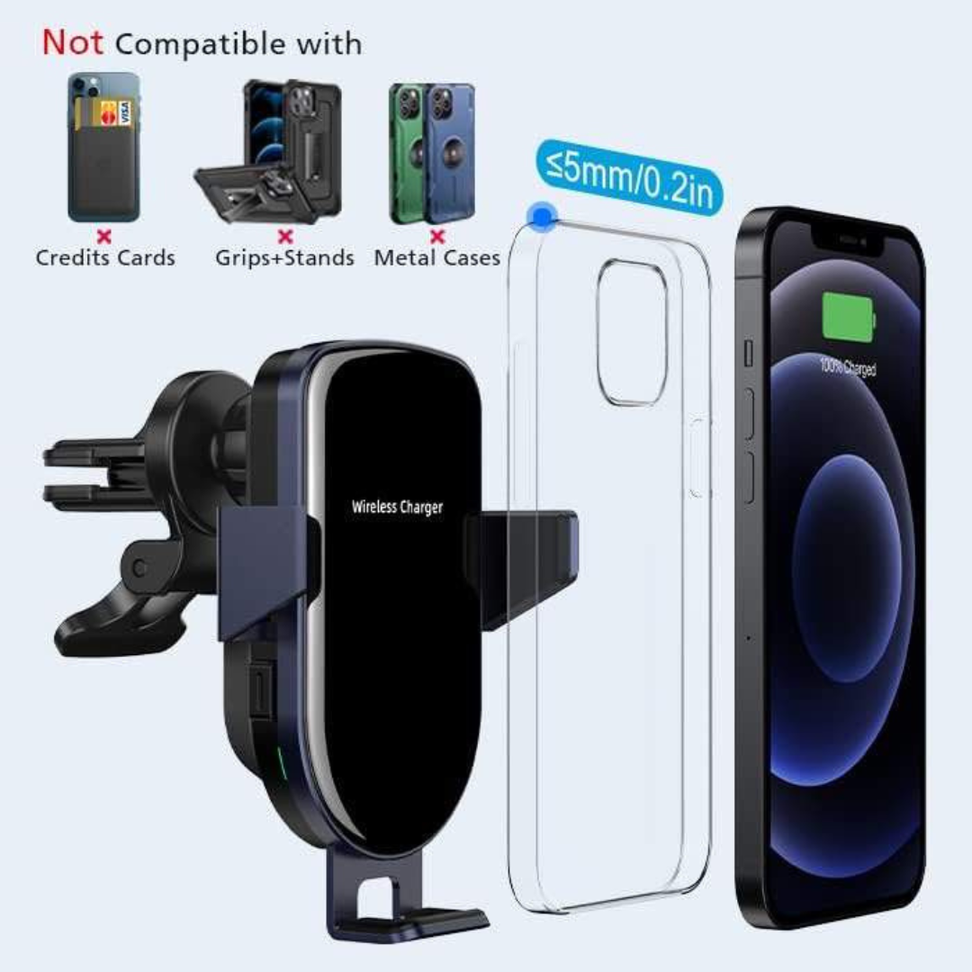 Wireless Car Charger, 15W Qi Fast Charging, Auto-Clamping Air Vent Car Phone Holder Mount Charger