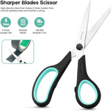 8 inch heavy duty scissors set with sharp stainless steel blades cutting tape. Designed for long-lasting sharpness and precision cutting.