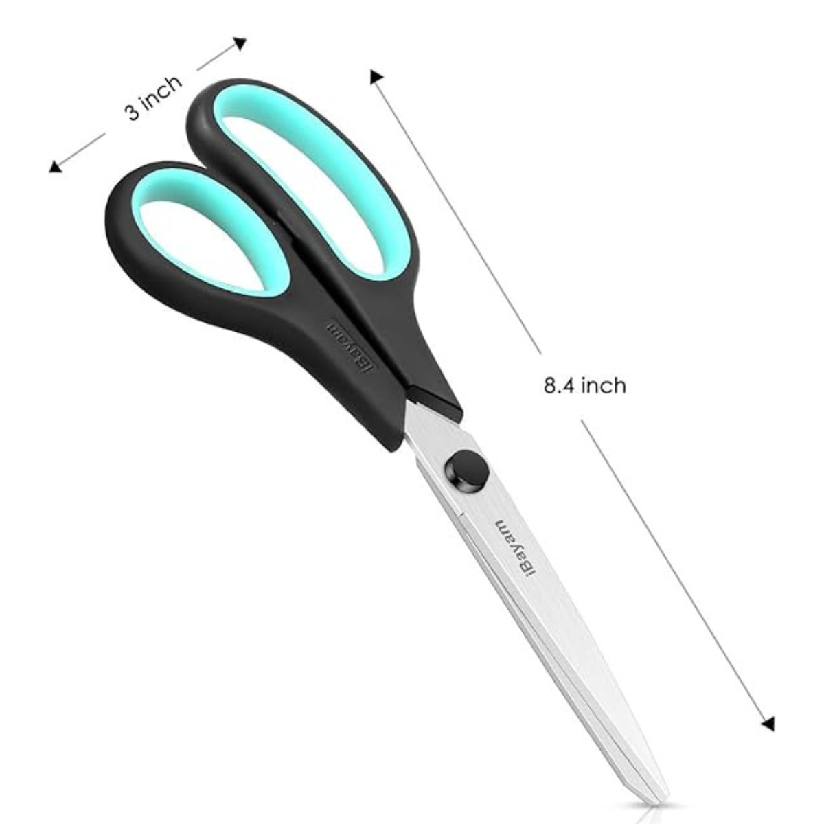8 inch heavy duty scissors set with labeled dimensions showing overall length and handle size. Designed for balanced control and easy handling.