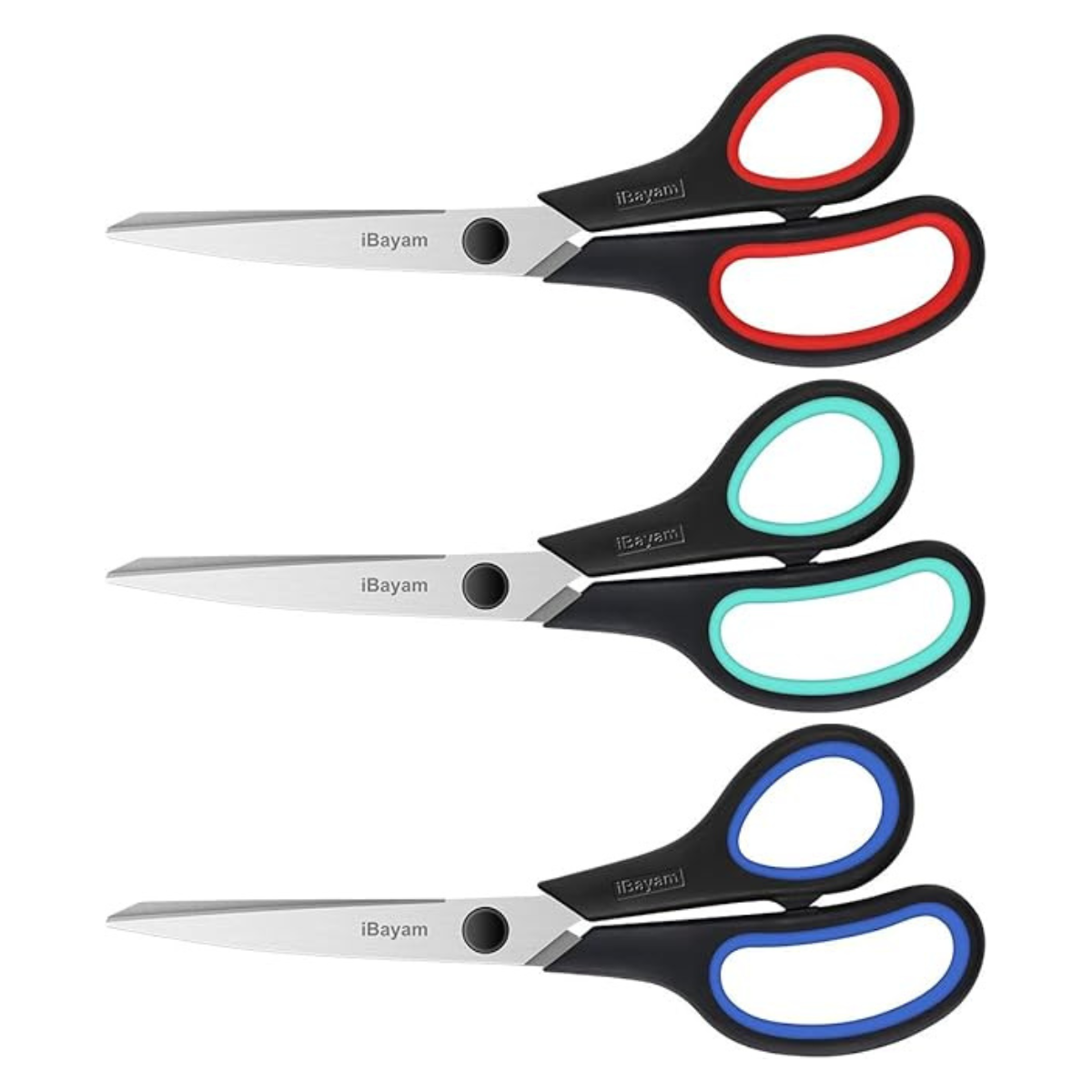 Three 8 inch heavy duty scissors set with different colored ergonomic handles. Stainless steel blades designed for everyday cutting tasks.