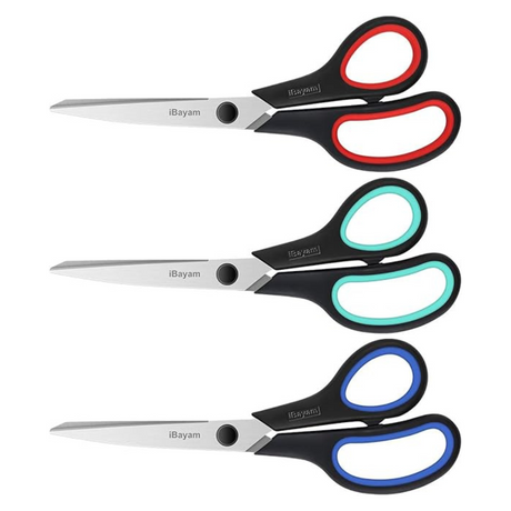 Three 8 inch heavy duty scissors set with different colored ergonomic handles. Stainless steel blades designed for everyday cutting tasks.