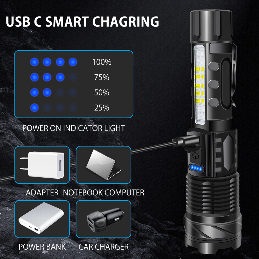 Outdoor Cob Strong Light Waterproof Handheld Flashlight Usb Rechargeable with Side Work Light 30w