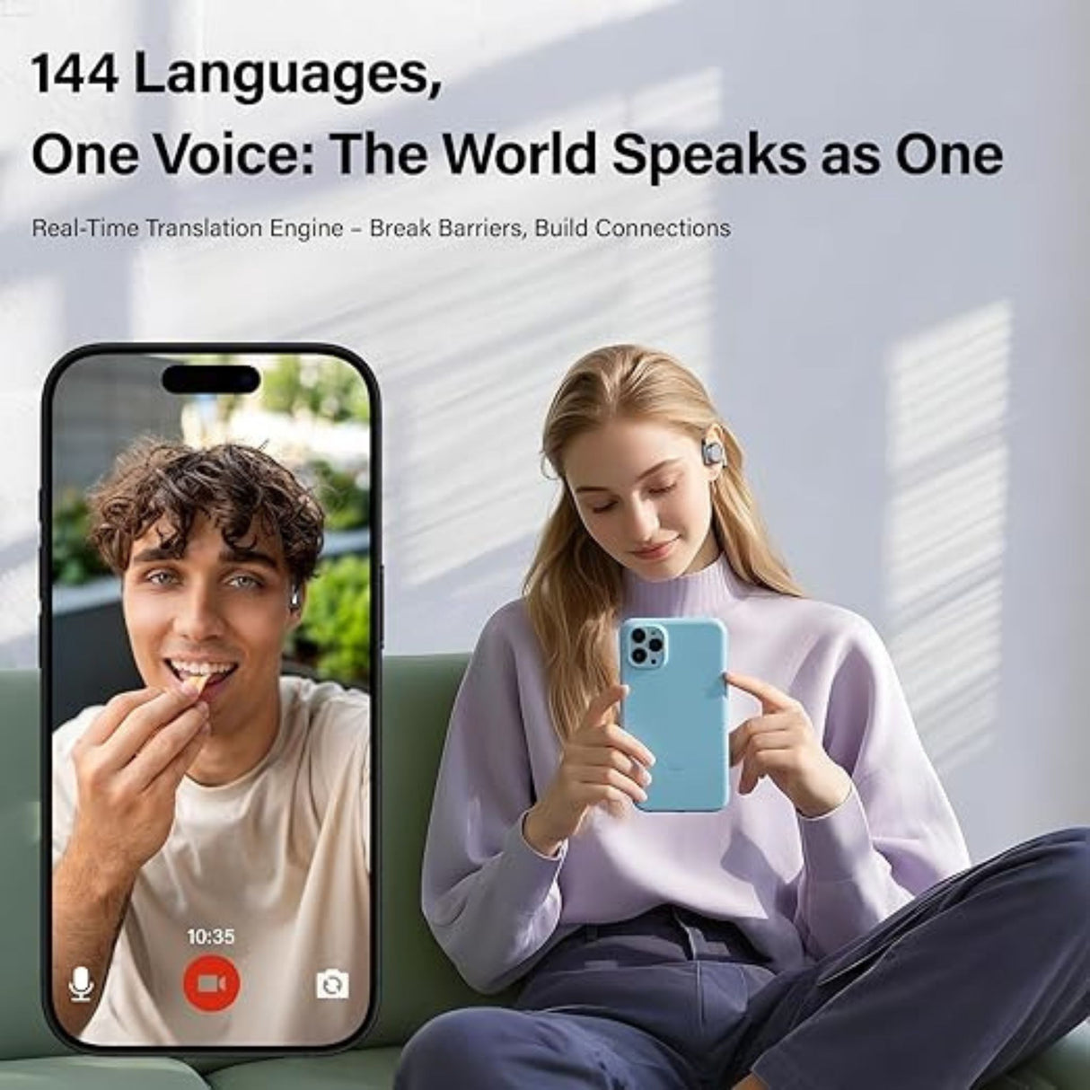 A lifestyle image shows a woman wearing a translator earbud while on a video call with a man, highlighting the real-time translation engine feature. The graphic includes the text "144 Languages, One Voice: The World Speaks as One" to emphasize the device's ability to break language barriers.