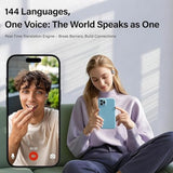 A lifestyle image shows a woman wearing a translator earbud while on a video call with a man, highlighting the real-time translation engine feature. The graphic includes the text "144 Languages, One Voice: The World Speaks as One" to emphasize the device's ability to break language barriers.