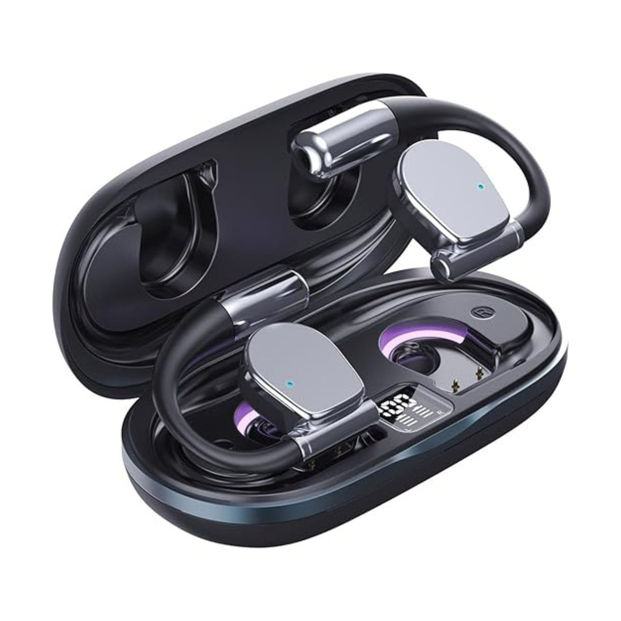 
A pair of open-ear wireless earbuds with ear hooks are displayed inside their open charging case, which features a digital battery percentage display. The earbuds and case have a sleek black and metallic silver finish with subtle LED lighting accents.