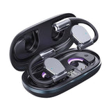 
A pair of open-ear wireless earbuds with ear hooks are displayed inside their open charging case, which features a digital battery percentage display. The earbuds and case have a sleek black and metallic silver finish with subtle LED lighting accents.