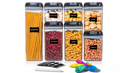 Stackable airtight food storage containers set with scoops and labeling accessories 