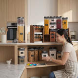 Airtight food storage container set organized on kitchen shelves with labeled dry goods