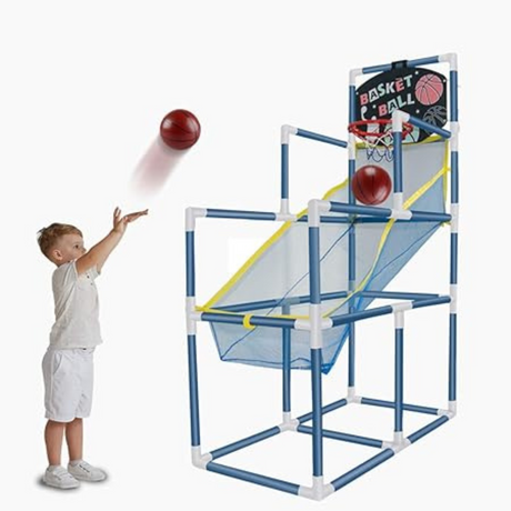 Kids playing with Alinila portable basketball hoop playset featuring multi-level return net and sturdy frame for indoor fun.