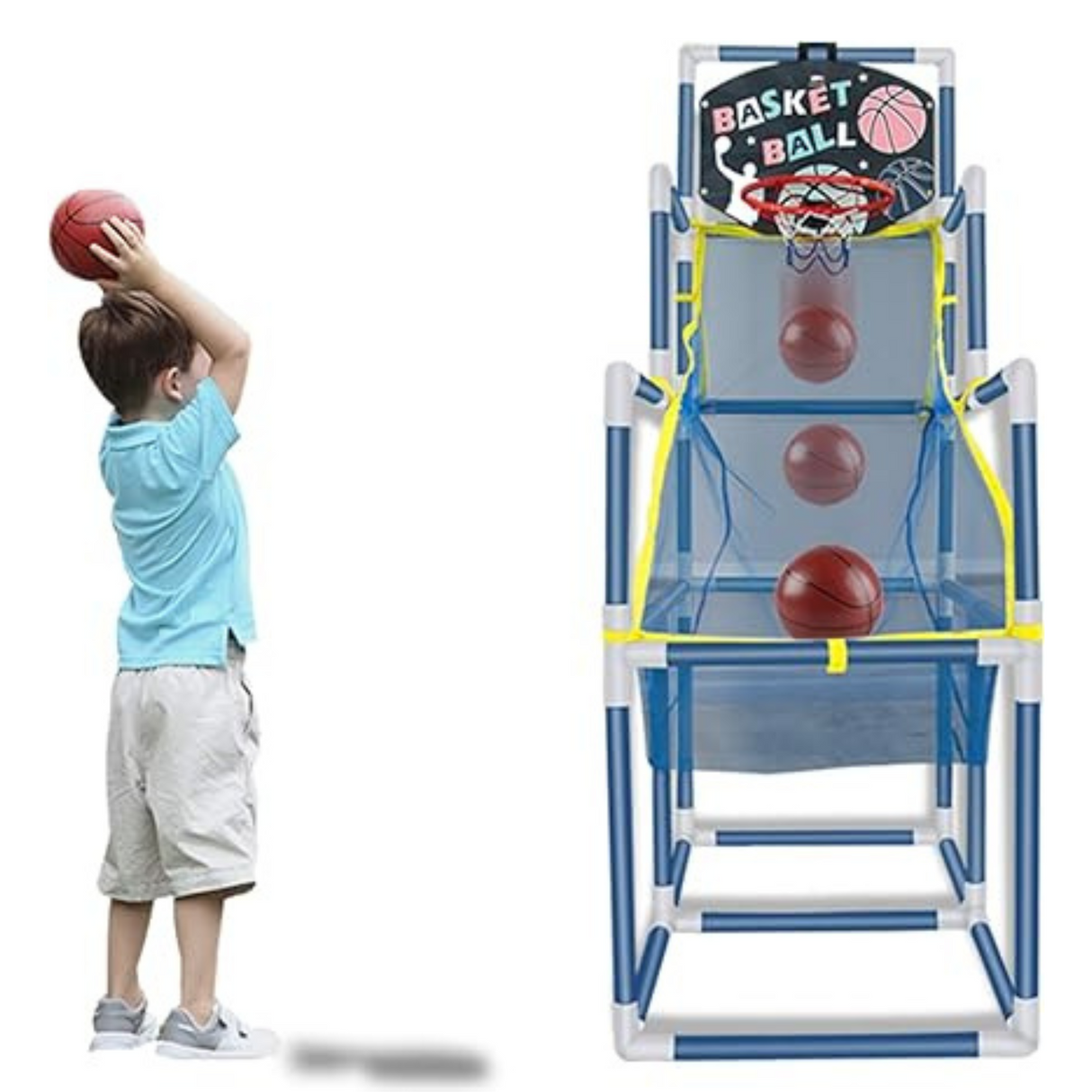 Child practicing basketball shots using Alinila portable hoop with ball return net for continuous play.