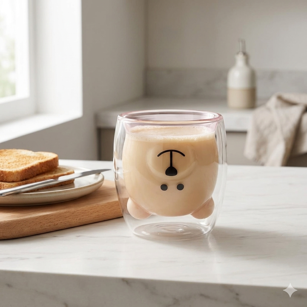 Double wall glass cup filled with a creamy drink on a kitchen countertop near toast. Cute face design adds a fun touch to everyday beverages.