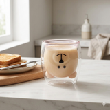 Double wall glass cup filled with a creamy drink on a kitchen countertop near toast. Cute face design adds a fun touch to everyday beverages.