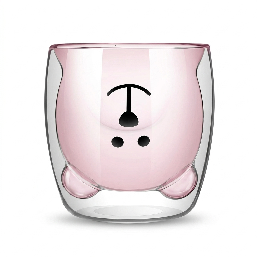 Transparent double wall glass cup with a light pink inner layer and cartoon face design. Rounded shape with small feet for a playful look.