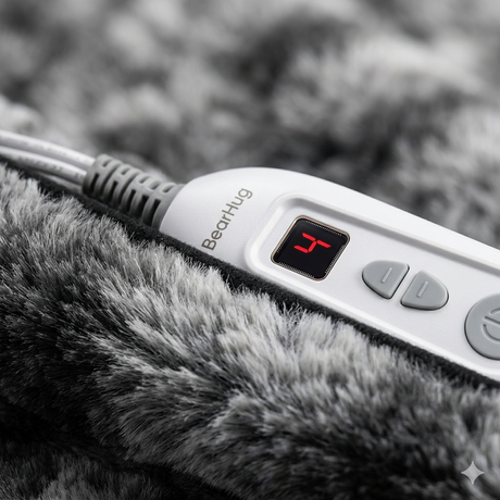 Close-up of Bearhug weighted faux fur heating pad controller with digital heat display