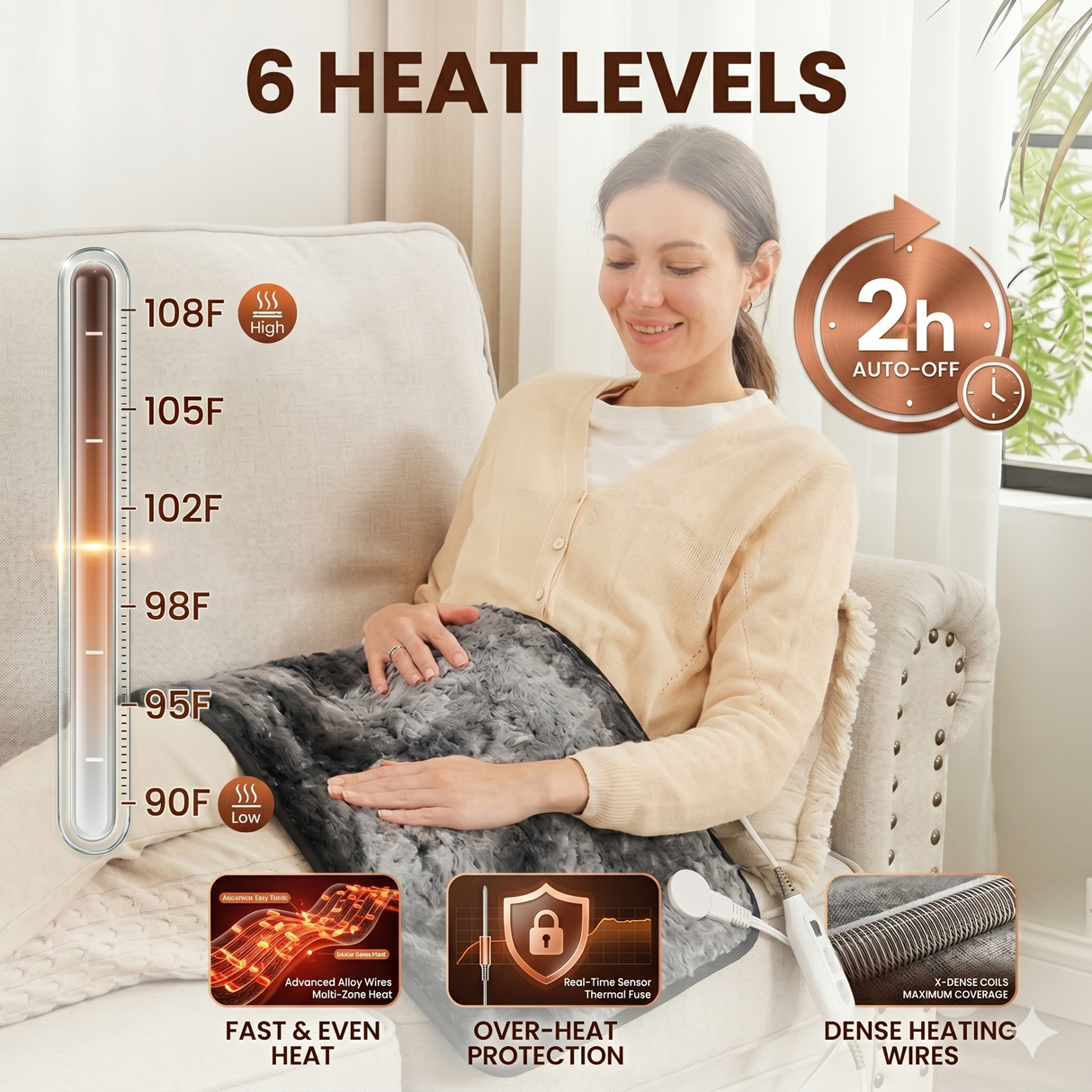 Bearhug heating pad showing six heat levels and auto-off feature infographic