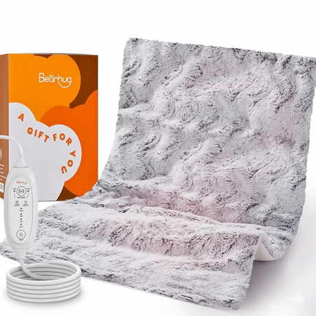 Bearhug weighted heating pad with controller and packaging box on display