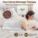 Woman using Bearhug weighted heating pad on bed for home massage therapy