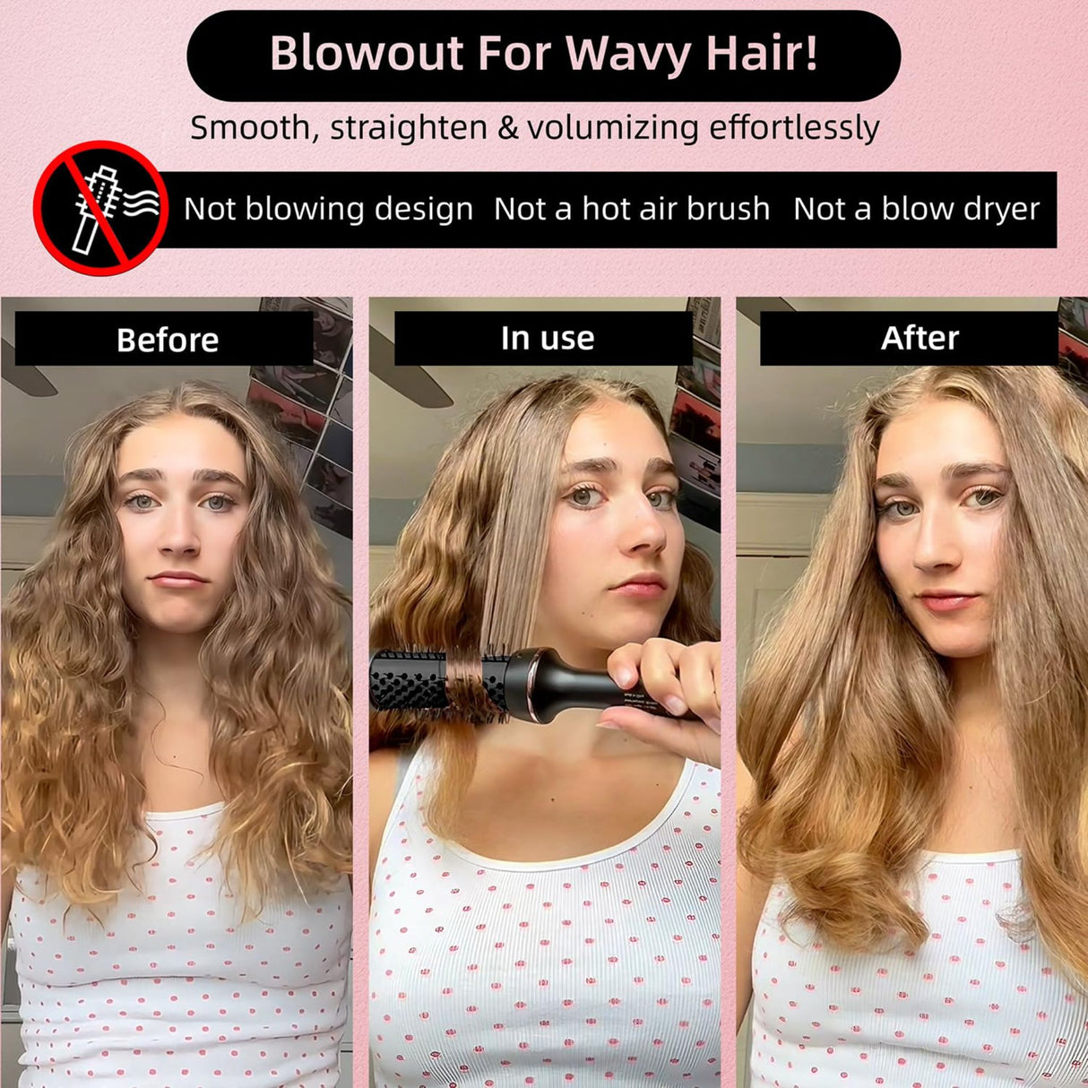 Thermal curling brush demonstrating before, during, and after hair styling results. Shows smoother, voluminous wavy hair after use.