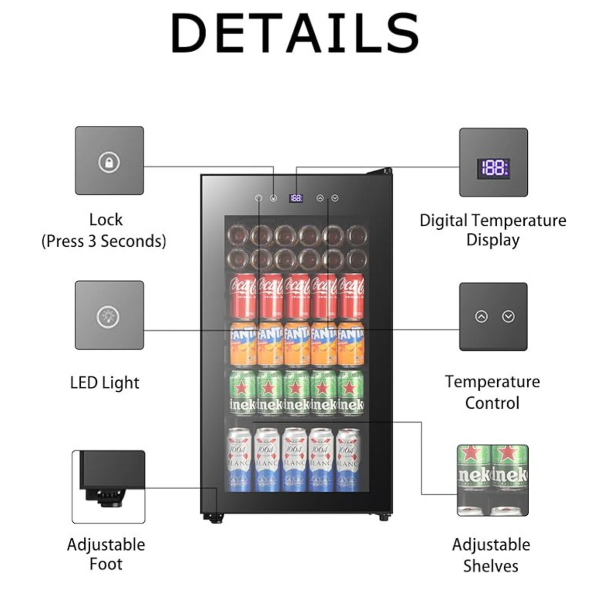 Diagram highlighting fridge features including lock, LED light, adjustable shelves, and temperature control.