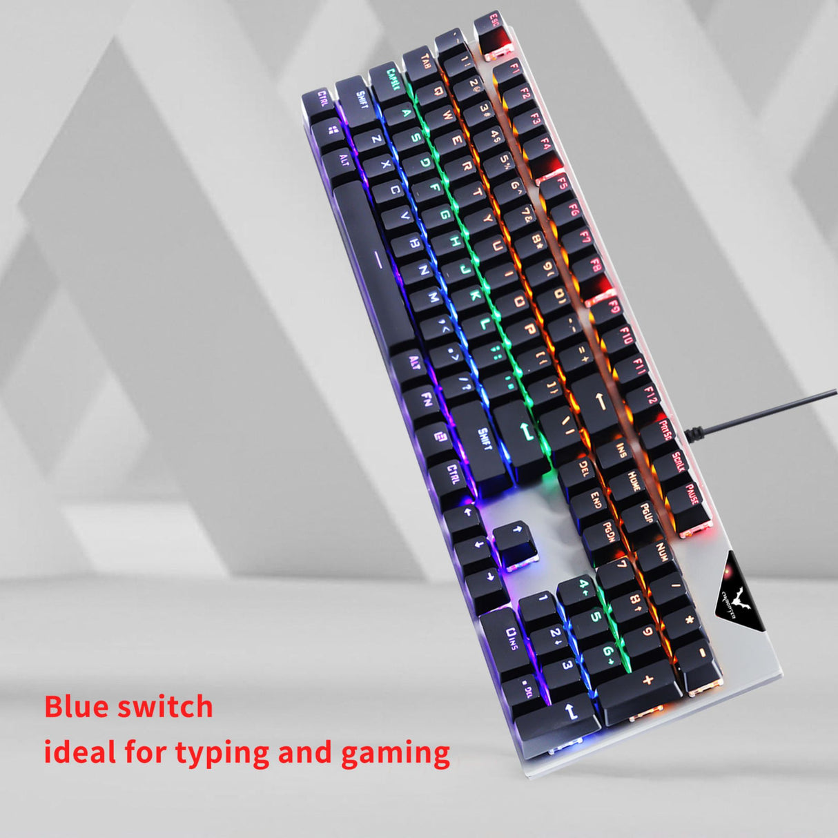 RGB mechanical keyboard with blue switches ideal for typing and gaming. Clicky switch design for responsive performance.