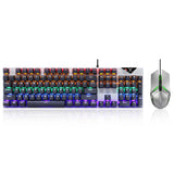 RGB gaming keyboard and mouse combo with colorful backlit keys. Full-size mechanical keyboard paired with wired gaming mouse.
