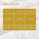 Size chart showing twin, full/queen, and king duvet dimensions and filling weights.