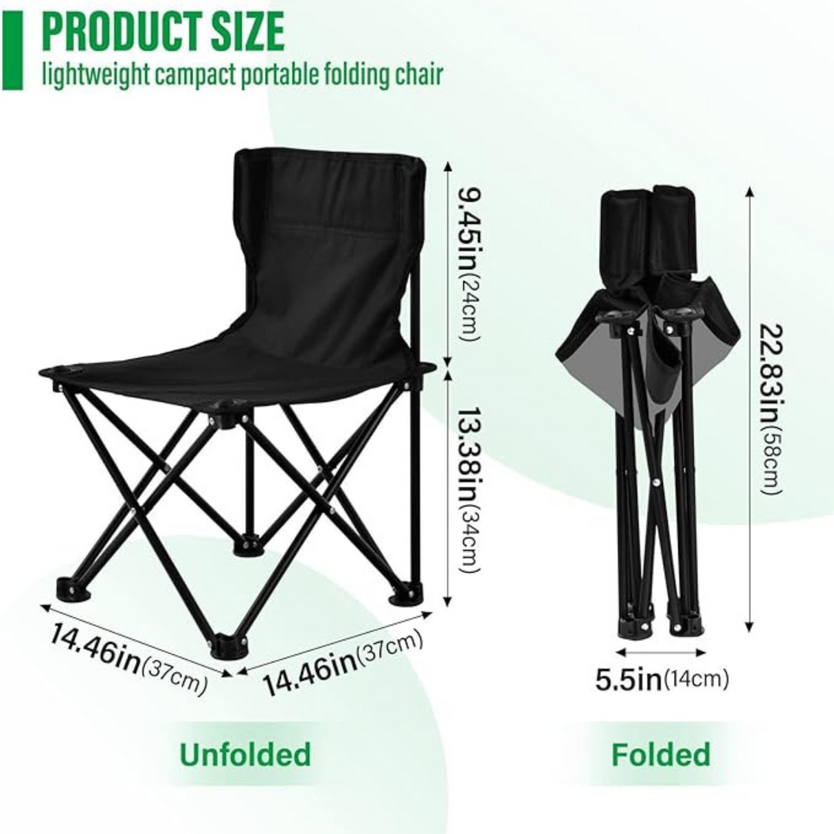 Dimensions of portable camping chair shown folded and unfolded for easy transport and storage.