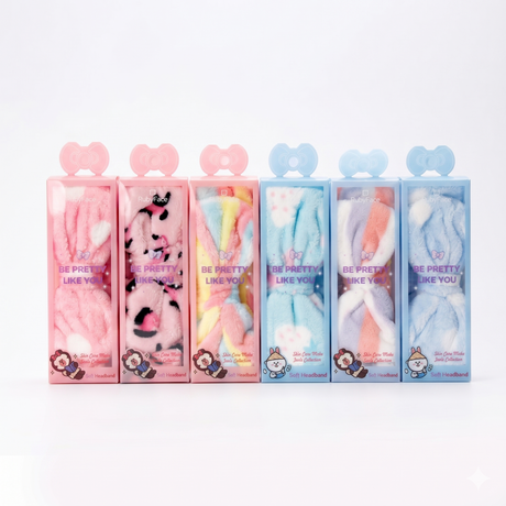 Woman applying skincare wearing coral fleece bow headband in bathroom mirror