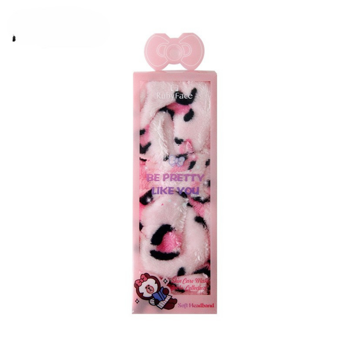 Leopard print coral fleece bow headband in decorative retail packaging