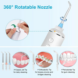 Cordless Water Flosser with 360° rotatable nozzle for flexible cleaning angles. The image shows different tips for daily, orthodontic, and gum care.
