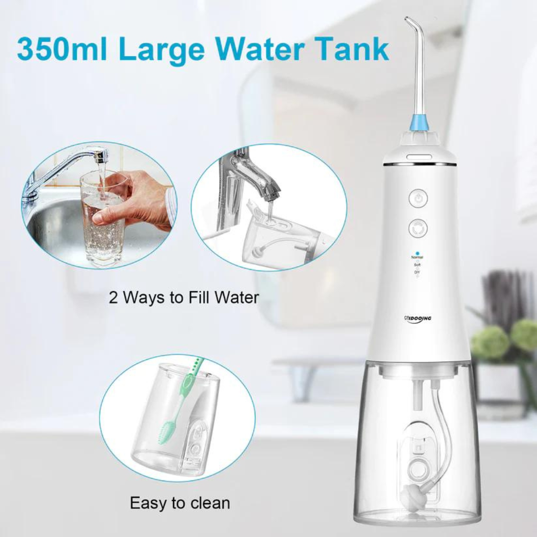 Cordless Water Flosser with 350ml large water tank and easy refill options. The design allows simple cleaning and convenient use