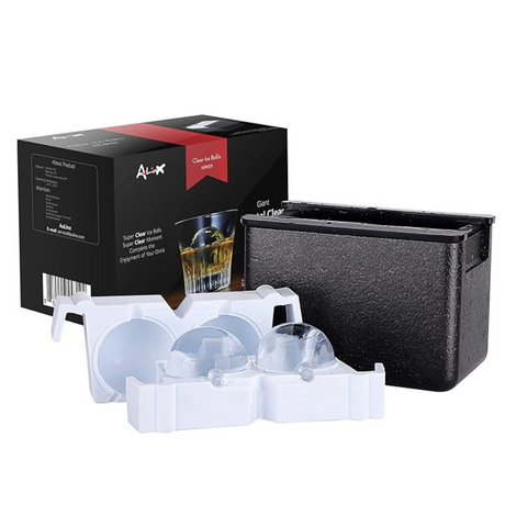 Crystal Clear Ice Ball Maker set with mold, insulation box, and packaging displayed. The product includes tools for making large round ice balls.