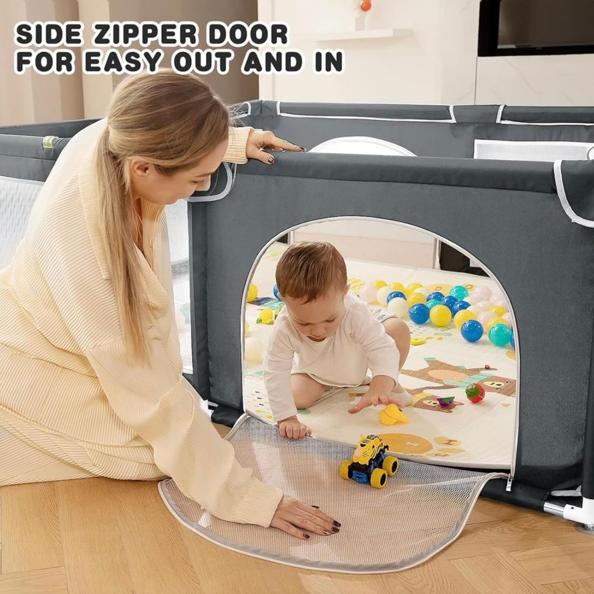 Baby playpen with side zipper door for easy access and interaction